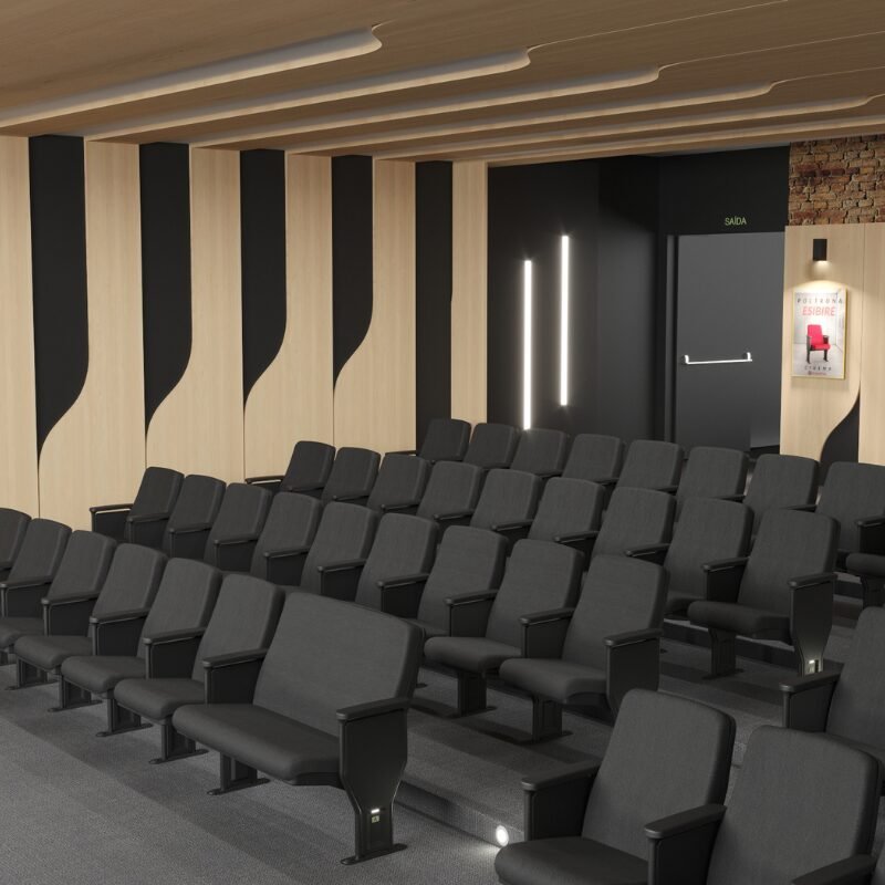 Cadeiras para auditório com revestimento preto e estrutura confortável em ambiente moderno.