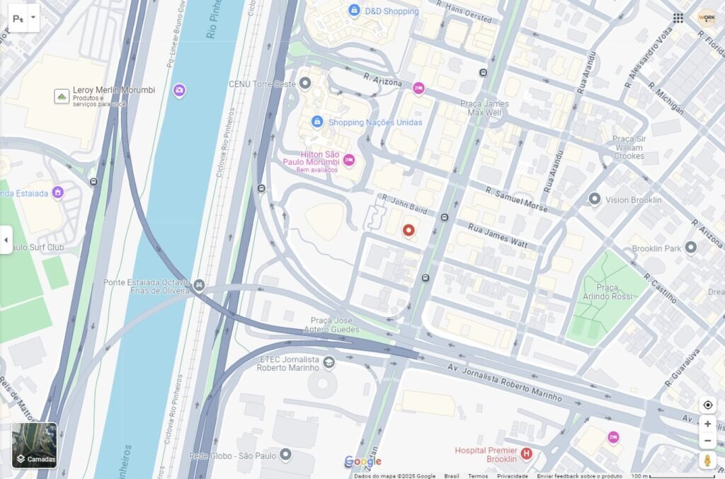 Mapa da localização da Workly Office no polo empresarial da Berrini em São Paulo.