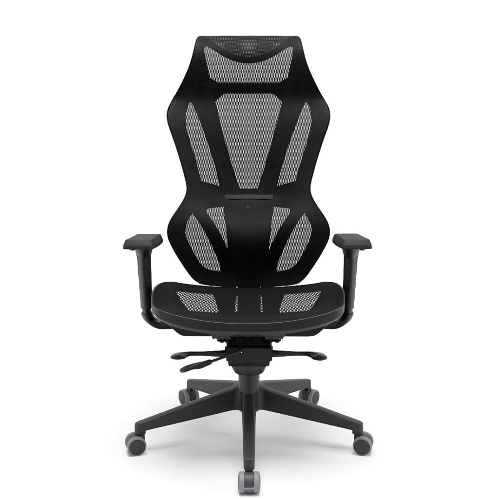 Cadeira gamer para escritório preta com encosto em tela mesh, base giratória e braços ajustáveis