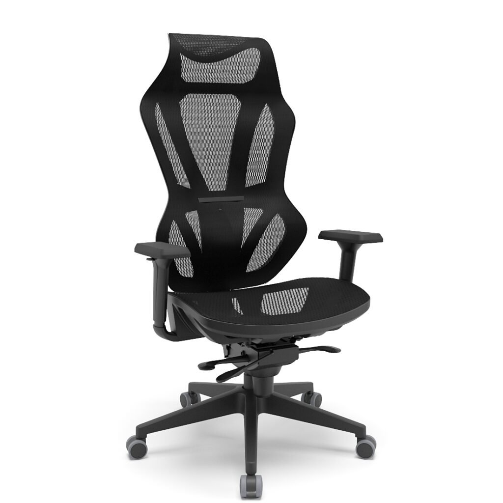 Cadeira gamer para escritório preta com encosto em tela mesh, base giratória e braços ajustáveis