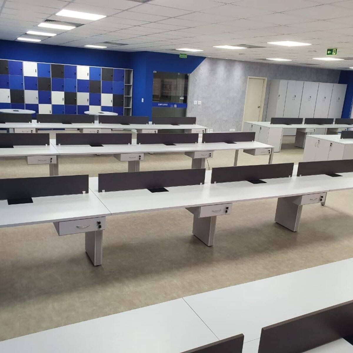 Ambiente administrativo da Gehaka transformado com mobiliário corporativo sob medida desenvolvido pela Workly Office.